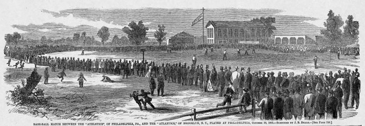 Baseball history illustration: Legend reads: “Base-ball match between the “Athletics,” of Philadelphia, PA. and the “Atlantics,” of Brooklyn, N.Y., played at Philadelphia, October 30, 1865. —Sketched by J.B. Beale.— [See Page 730.]” The box score of the match taken from the Brooklyn Daily Eagle of 10/31/1865 is reproduced below. Click illustration to return to previous page.