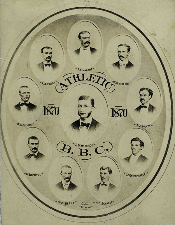 Baseball history photo: 1870 Athletic Base Ball Club of Philadelphia. Starting at the top center photo and moving clockwise:  Fergie G. Malone, Catcher; Wes D. Fisler, First Base; Tom J. Pratt, Third Base; John Sensenderfer, Centre Field; Harry C. Schafer, Sub / Third Base; Thomas Berry, Right Field; George Bechtel, Left Field; John Radcliff, Short Stop; Al J. Reach, Second Base.  Center photo - Captain J. Dick McBride, Pitcher.  Click photo to return to previous page.