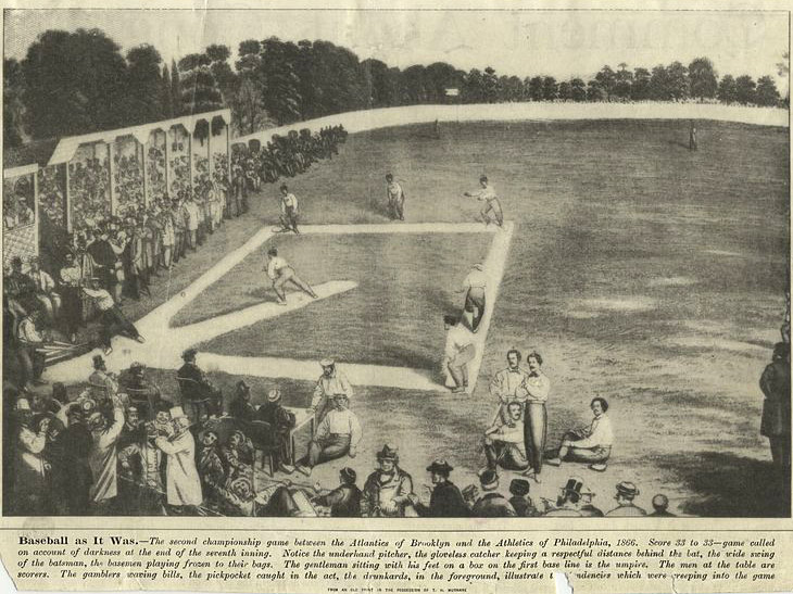 Baseball history illustration: Legend reads “Baseball As It Was.—The second championship game between the Atlantics of Brooklyn and the Athletics of Philadelphia., 1866. The score 33 to 33—game called on account of darkness after the seventh inning. Notice the underhanded pitcher, the gloveless catcher keeping a respectful distance behind the bat, the wide swing of the batsman, the basemen playing frozen to their bags. The gentleman sitting with his feet on a box on the first base line is the umpire. The men at the table are scorers. The gamblers waving bills, the pickpocket caught in the act, the drunkards, in the foreground, illustrate the tendencies that were creeping into the game.” Click illustration to return to previous page.