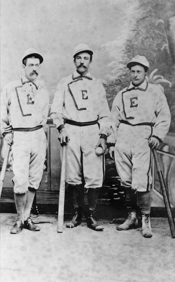 Baseball history photo:  Members of early Visalia baseball team, circa 1880. Players are apparently Thomas Hall, Frank Kimball and Fred Warner, though not necessarily in left to right order.  Click photo to return to previous page.