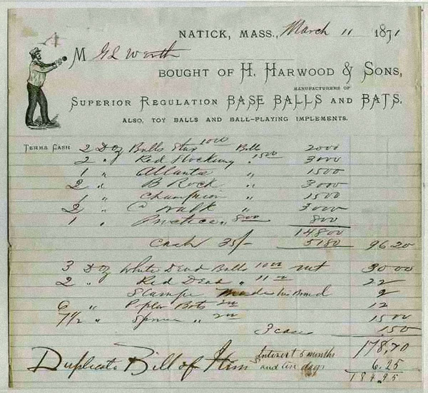 Baseball history photo: March 11, 1871 - Bill of sale for H. Hardwood & Sons, Natick, MA, who is generally acknowledged as the first baseball factory in the United States.  They began making baseballs in 1858 and produced the two piece figure-eight stitched baseball that became standard in 1872. Click photo to return to previous page.