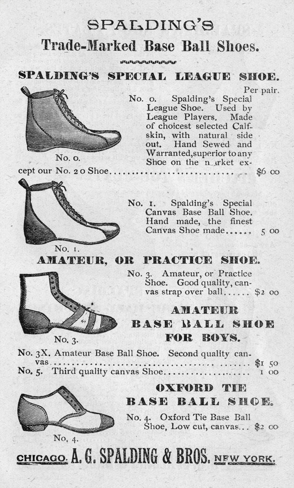 Baseball history photo: Base ball shoes advertisement from the Spalding Official Base Ball Guide, 1889. Click photo to return to previous page.