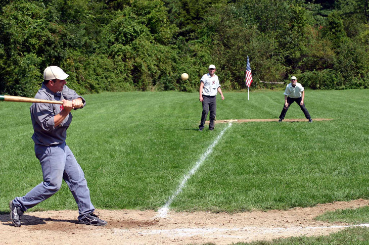 1864 Match - Eureka of Hempstead (NY) vs Knickerbocker Club (NY) at Old Bethpage, NY; June 2006. The rebirth of 19th century baseball began at Old Bethpage Village Restoration in 1980 and the program will begin its 29th season in 2009.  Photo courtesy of Ray Shaw.  Click photo to return to previous page.