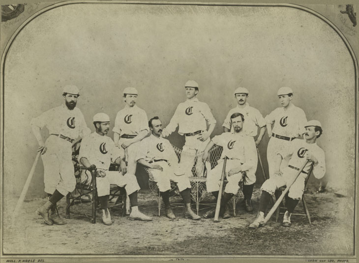 Baseball history photo: An 1868 studio photo of the 36 and 7 Cincinnati Club with a listing of the player's primary position.  Standing (L to R): Asa Brainard, Second Base/Pitcher; J. Williams Johnson, Right Field, Johnny Hatfield, Left Field; Rufus King, Centre Field; John Con Howe, Short Stop.  Seated (L to R): Harry Wright, Pitcher; Fred Waterman, Third Base; Charley Gould, First Base; Moses Grant, Substitute.  Click photo to return to previous page.