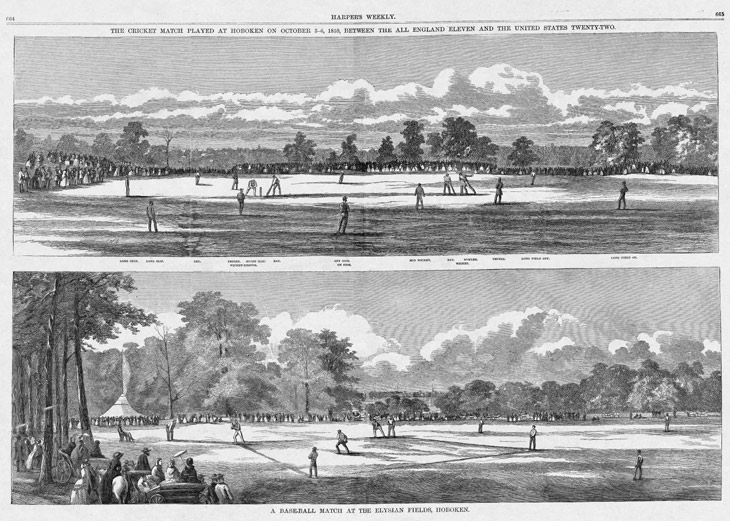 Baseball history illustration: Top panel legend reads: “The Cricket Match Played at Hoboken, October 3–6, 1859, Between the All England Eleven and the United States Twenty-Two.” Bottom panel legend reads: “A Base-Ball Match at the Elysian Fields, Hoboken.” Click illustration to return to previous page.