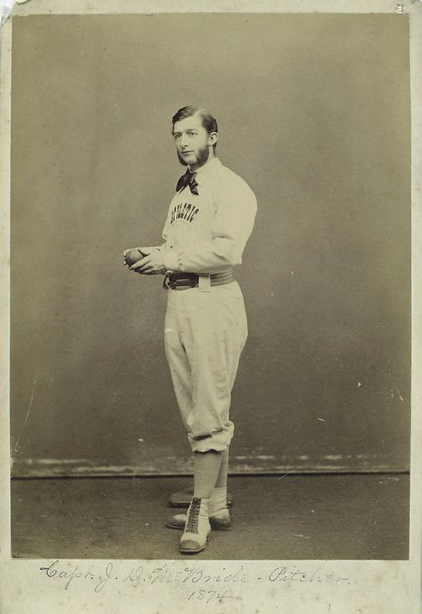Baseball history photo: Studio portrait of Capt. J.D. McBride, pitcher for the Philadelphia Athletic B.B.C., 1874. Click photo to return to previous page.