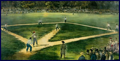 Currier & Ives print of early Baseball Championship Game at Elysian Fields in Hoboken, New Jersey. Click to enlarge.