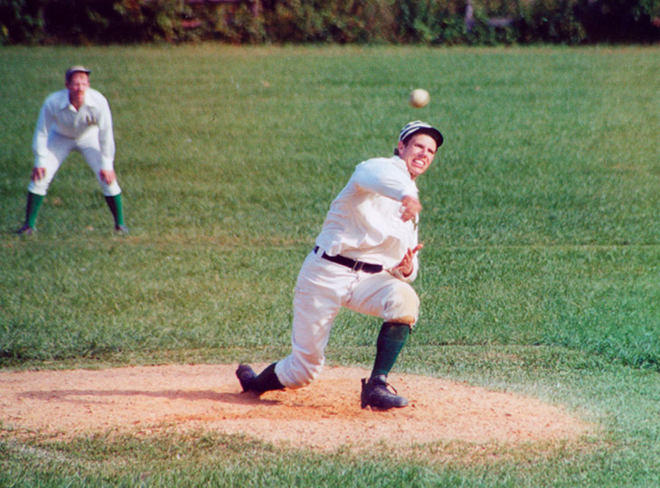 Vintage baseball photo: Eric “Express” Miklich pitching for the Westburys in an 1887 match at Old Bethpage Village Restoration.  The original Wesburys, located on Long Island, New York, were formed in May 1889 and competed until October of 1929.  Photo courtesy of Katie Monahan. Click photo to return to previous page.