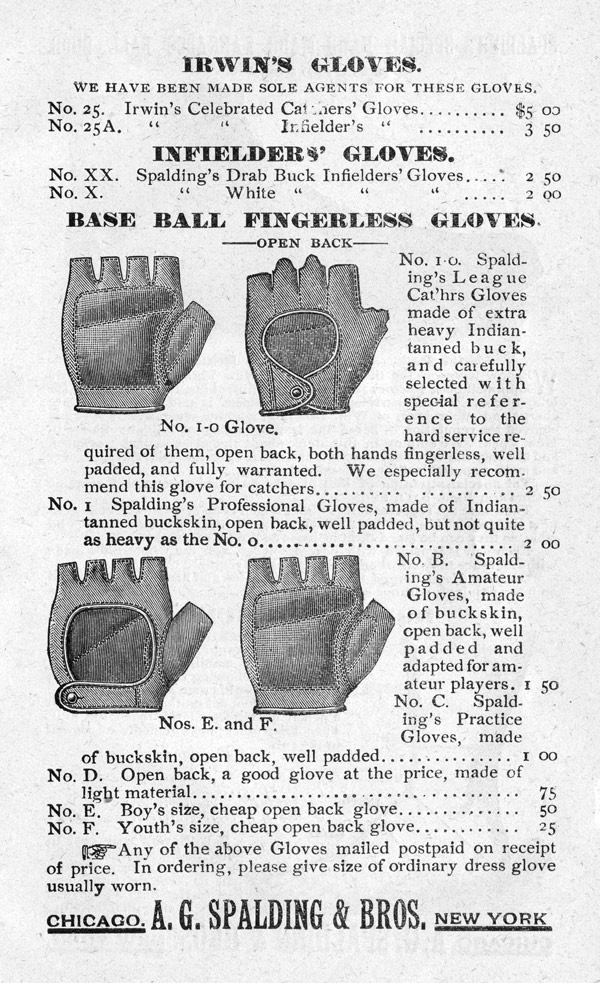Baseball history photo: Fingerless Baseball Gloves from the Spalding Official Base Ball Guide, 1889.  Click photo to return to previous page.