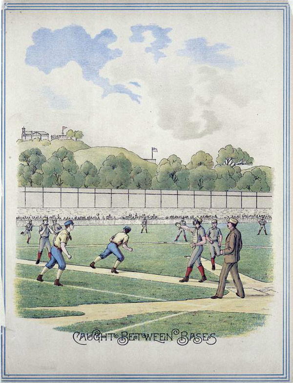 Baseball history illustration: Caught Between Bases. Click illustration to return to previous page.