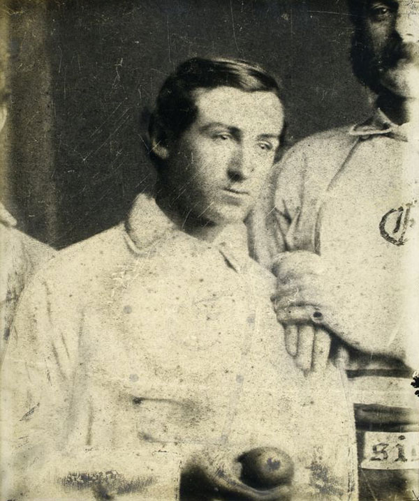 Baseball history photo: Star pitcher Jim “Lifting Speed” Creighton of the Brooklyn Excelsiors circa 1860 (detail from team photo). Albeit brief, his baseball career remains one of the most remarkable of all time. Perhaps more than any other player before or since, Creighton transformed the essence of the game.  Click photo to return to previous page.