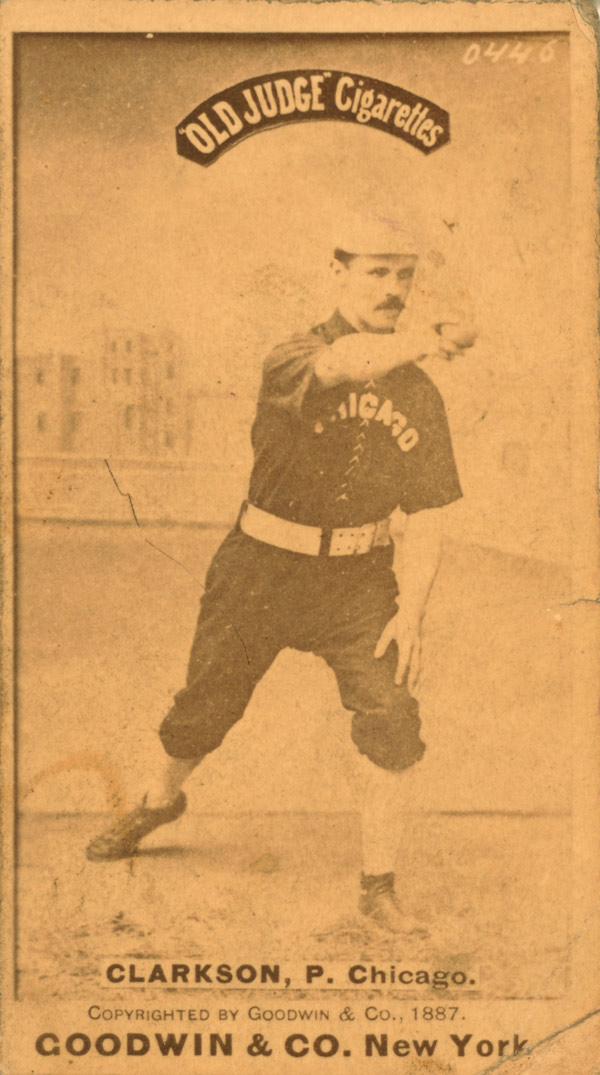 Baseball history photo: J1887 “Old Judge” Cigarettes baseball card of John Clarkson. Click photo to return to previous page.