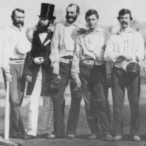 Baseball history photo (detail): Photo taken by Brooklyn photographer Charles H. Williamson shows umpire Dr. J.B Jones (holding ball) and Excelsior player Henry D. Polhemus (Jones's left), who was said to have used a 52-ounce bat.  The picture was taken on September 3, 1859, at Elysian Fields, Hoboken, New Jersey.  Click photo to return to previous page.