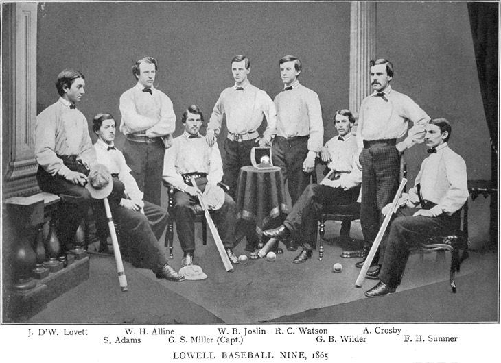 Baseball history photo: Baseball history photo: The 1865 Boston Lowells.  This club was originally formed in 1861 as a junior club.  The Lowells were one of only three New England teams to hold the Silver Ball trophy, pictured in a case on the table.  The other two were the Tri-Mountain Club and the Harvard Club.  The trophy was commissioned by John A. Lowell, an engraver, who was once the president of the Boston Bowdoin Club and a respected umpire.  The results of championship matches were engraved on the ball and a total of seventeen matches were recorded at the time of its destruction in 1868.  The New England Association of National Base Ball Players elected to destroy the trophy due to the bad behavior the players exhibited while attempting to win it.  The Silver Ball was melted down and sold for $19.46. Click photo to return to previous page.