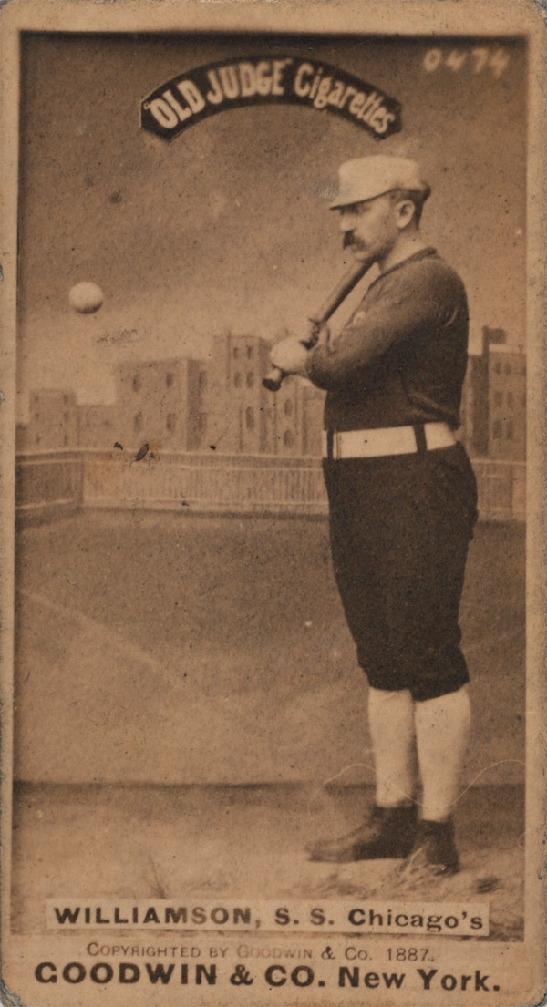 Baseball history photo: Ned Williamson baseball card circa 1887.  Many historians unfairly fail to recognize the 27 home runs, 25 at home in Lake Front Park (II) in Chicago, Williamson hit in 1884 because he took advantage of the 190 foot right field fence.  His record stood for 35 years until Babe Ruth hit 29 in 1919.  Click photo to return to previous page.