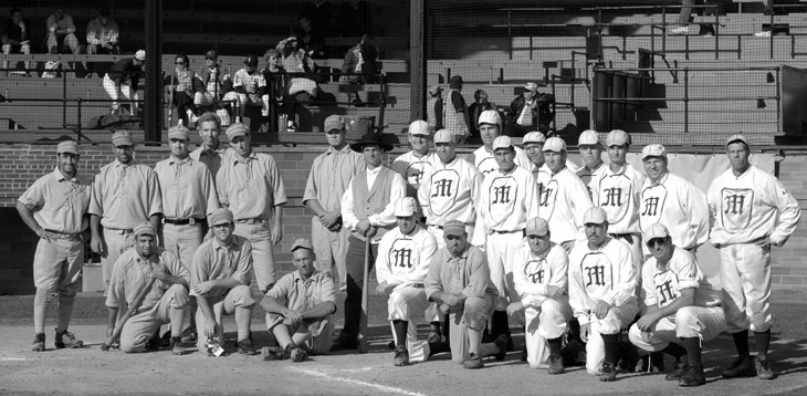 Vintage baseball photo: September 18, 2004: The Providence Grays and New York Mutuals after an 1864 match at Doubleday Field, Cooperstown, New York in which the Mutuals won 15-8.  The previous day members of the Mutuals and Grays presented the history of 19th century base ball to high school and college professors from the San Diego, California area in the Baseball Hall of Fame as part of a specialized learning program.  The entire game was filmed by the Baseball Hall of Fame and excerpts were used for the opening of the Internet program “Discovering Our American Spirit: Finding Common Ground in the National Pastime.”  This interactive Internet program, featuring the Ozzie Smith, the NY Mutuals and students from San Diego High schools, was filmed live in April 2005 and seen by an estimated 17 million grade school students. Photo by R.C. Shaw.  Click photo to return to previous page.