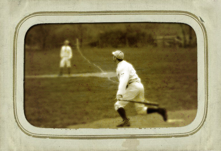 Vintage baseball photo: (Sepia): NY/NJ Cup 4/25/2004 - Eric “Express” Miklich hits a homerun for the New York Mutuals against the Flemington Neshanock (NJ) in an 1864 match at Old Bethpage Village Restoration. Click photo to return to previous page.