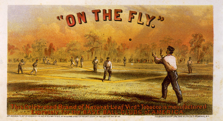 Baseball history photo: “On the Fly.” Cigar box label, circa 1867. Copyright by R.J. White & Company. Major & Knapp Engraving, Manufacturing & Lithographic Company, New York. Click photo to return to previous page.