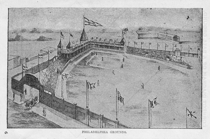 Baseball history illustration: Philadelphia Base Ball Grounds. Click illustration to return to previous page.
