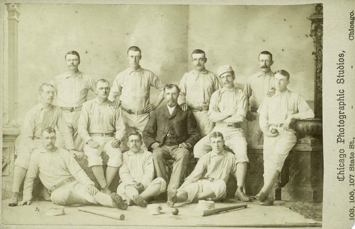 Baseball history photo: Providence Baseball Club, 1882. Back Row: Paul Hines, CF; Jerry Denny, 3B; “Hoss” Radbourn, P; Jack Farrell, 2B. Middle Row: Tom York, LF; Joe Start, 1B; Harry Wright, Mgr.; George Wright, SS; John Montgomery Ward, RF/P. Bottom: Charlie Reilley, Substitute Catcher; Sandy Nava, C; Barney Gilligan, C.  Click photo to return to previous page.