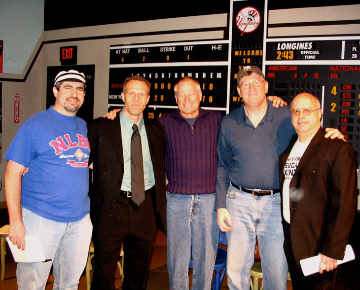 March 3, 2007, at the Yogi Berra Museum and Learning Center in Little Falls, NJ.  During an Elysian Fields Chapter Meeting of SABR, the discussion continued as to the commercializing of 19th century base ball as opposed to the historically accurate educational mission of many of today's 19th century clubs. Left to Right: Ken Schlapp, Captain of the New York Gothams; Eric Miklich, 19c Base Ball, NY Mutuals and Old Bethpage Village Restoration; Jim Bouton, VBBF, Former Major League pitcher and author of Ball Four; Bradley Shaw, Captain of the Flemington Neshanock (NJ) and Irvin Goldfarb, ABC Entertainment/Television, who was the Moderator of the discussion. Photo courtesy of Sam Bernstein. Click photo to return to previous page.