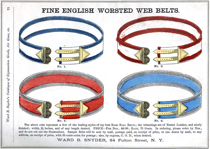 Baseball history photo: Assortment of base ball belts from Snyder's 1875 catalog. Click photo to return to previous page.
