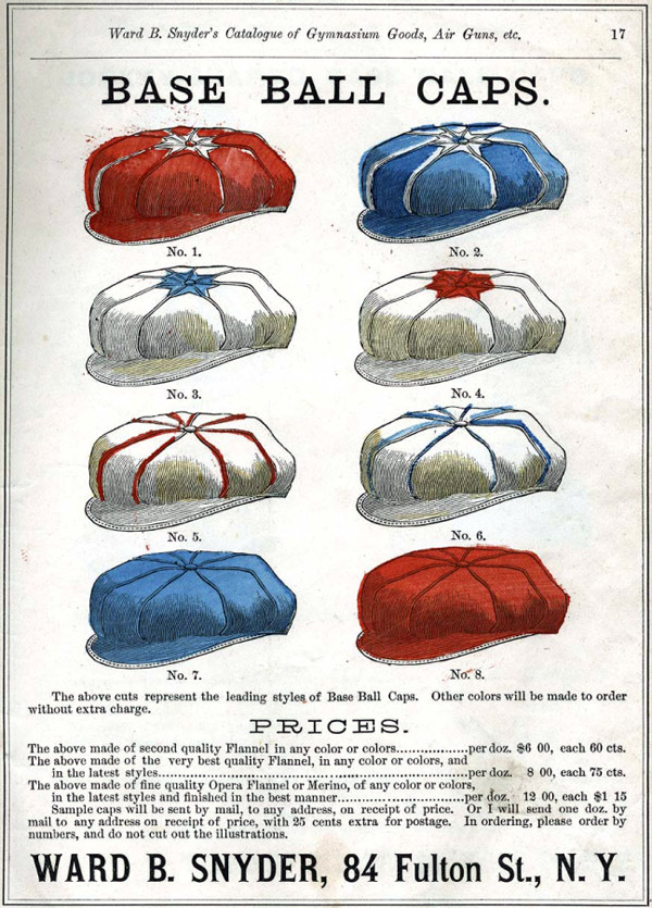 Baseball history photo: Assortment of base ball caps from Snyder's 1875 catalog. Click photo to return to previous page.