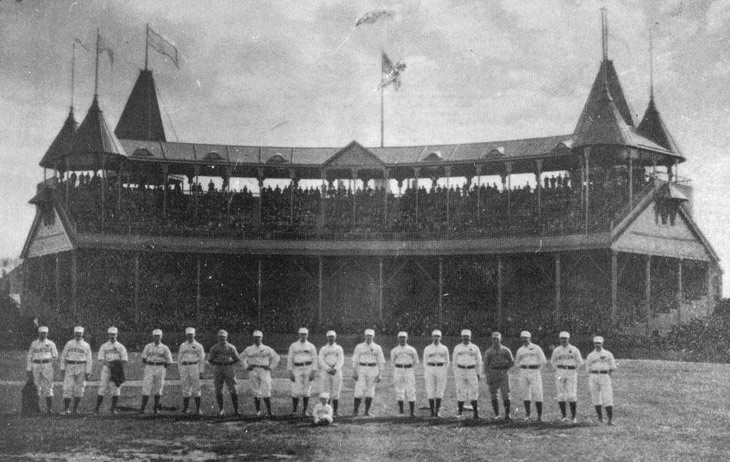 Baseball history photo: May 8, 1888 - Opening Day at The South End Grounds, Boston, MA.  The Boston Beaneaters Club prior to their home opener against the Philadelphia Phillies. Click photo to return to previous page.