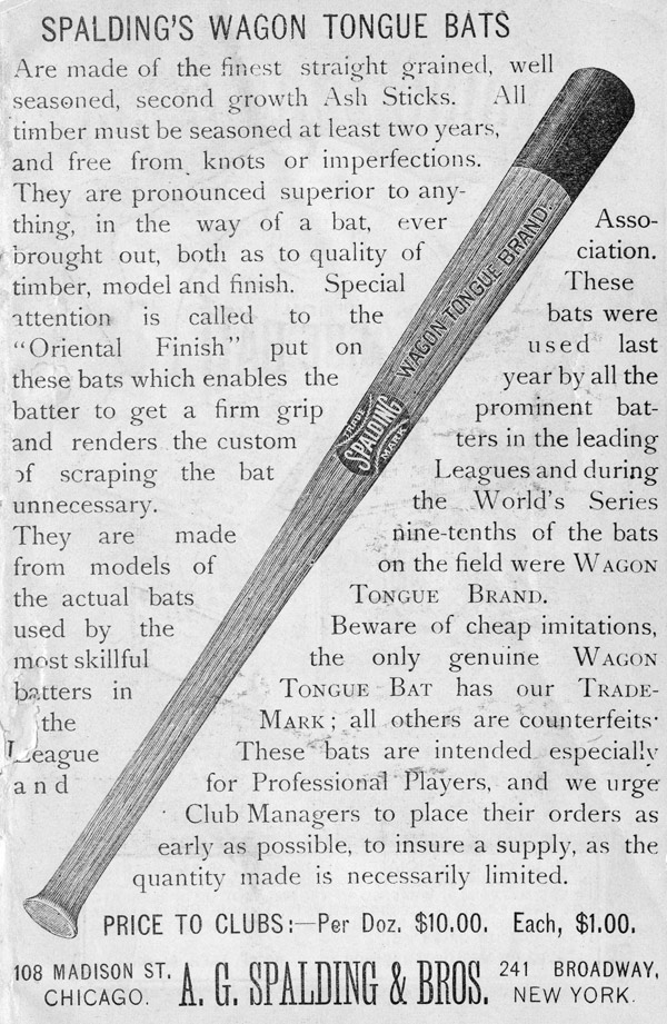 Baseball history photo: Spalding Wagon Tongue Bat, advertisement from the 1889 Spalding Guide. Click photo to return to previous page.