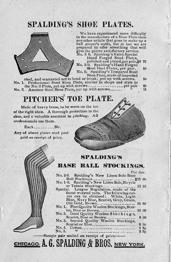 Baseball history photo: The pitcher's toe plate ad first appeared in the Spalding Base Ball Guide in 1888, one year after the pitcher was required to be set before delivering the ball to home base. Click photo to return to previous page.