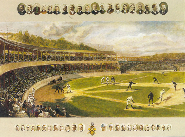 Baseball history photo: Lithograph of the New York Polo Grounds. This print has small images of baseball executives across the top and famous ballplayers across the bottom. In the center is a depiction of game action at the Polo Grounds.  Click photo to return to previous page.