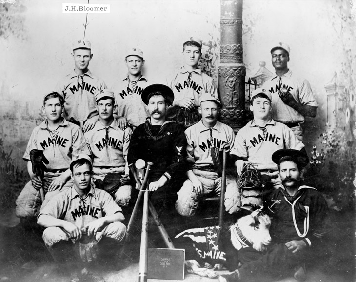 Baseball history photo: This U.S.S. Maine Baseball Team won the Navy baseball championship in December of 1897, held in Key West Florida, beating a team from the USS Marblehead, 18-3.  William Lambert (back row, far right) was the team's best pitcher.  On February 15, 1898, the Maine exploded and sank in Havana harbor helping spark the Spanish-American War.  The explosion killed 260 of the ship's crew and all of the members of the baseball team except for John Bloomer.  Click photo to return to previous page.