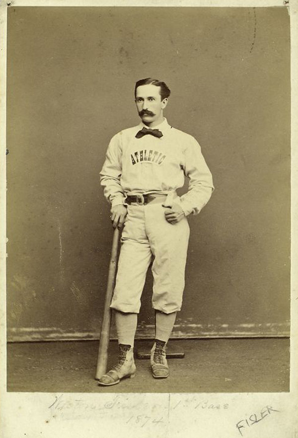 Baseball history photo: Athletic Club of Philadelphia player Weston Fisler in 1874.  Fisler played for the Camden Club of New Jersey, his hometown, in 1865 and joined the Athletic Club of Philadelphia in 1866.  Fisler was a member of the 1871 National Association Champion Philadelphia “Athletics” in 1871 as well as a member of the same Philadelphia Club that traveled to Europe for the 1874 World Tour.  He was mainly a first base but he did play a number of games at second and retired after the inaugural National League season in 1876.  He has the distinction of scoring the first run in National League history on April 22, 1876, in a 6-5 loss to the Boston Club in Philadelphia at the Jefferson Street Grounds..  Click photo to return to previous page.