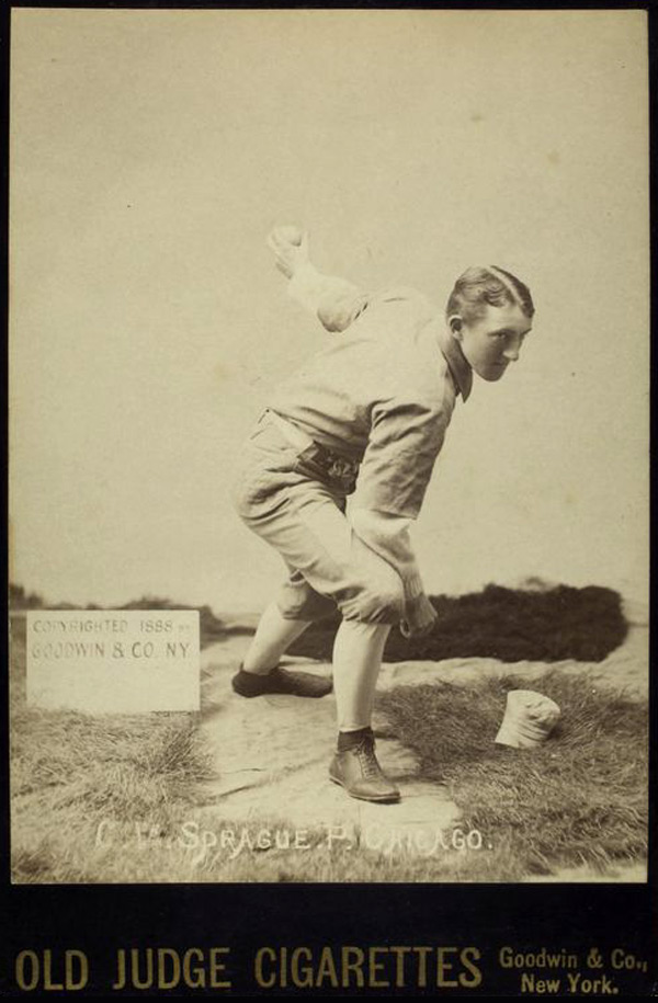 Baseball history photo: Charlie Sprague, Pitcher, Chicago White Stockings (National League).  Sprague pitched three games for the third place Chicago Club in 1887 and two games for Cleveland, sometimes referred to as the Spiders, also of the National League in 1889.  In his final top level professional season with the Toledo Maumees of the American Association, Sprague appeared in 55 games, 19 of them as a pitcher.  Sprague demonstrates his delivery using the required “T-Stance,” first instituted in 1887.  After the 1886 season the pitcher was no longer allowed to move around in the 7 foot by 4 foot pitcher's box prior to delivering the ball to the batter.  Beginning in 1887, the pitcher's back foot was required to be placed, and left, on the back line on the pitcher's box, reduce to 5½ feet by 4 feet.  He had to point his landing foot toward the batter and present the ball so it could be seen by the umpire, who generally stood to one side of the batter.  For the first time since the beginning of baseball, the pitcher was mandated to pause between each pitch, attempted pick-off or fake pick-off, before delivering the ball to the batter.  He was also only allowed only one step in his delivery.  The 1887 season regarding the pitcher, was the beginning of “modern” baseball.  However, it took five balls before the batter received his base on called balls and four strikes before being called out.  Click photo to return to previous page.