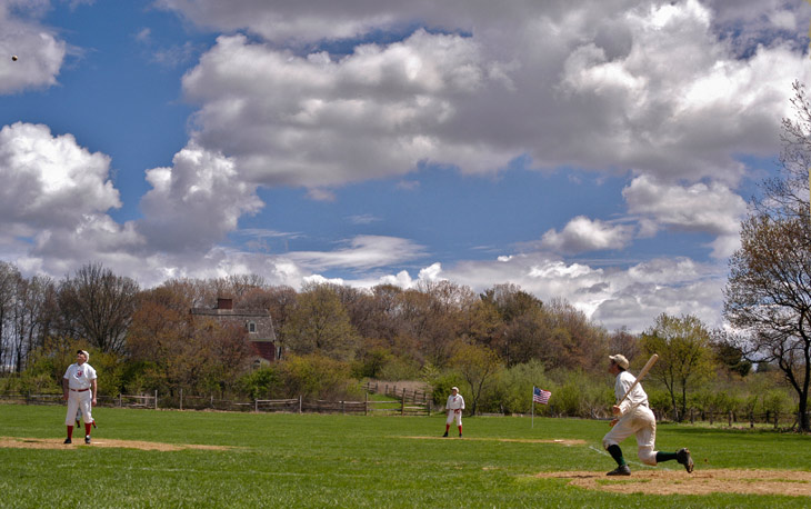 Long gone. 2007 NY/NJ Cup - 4/29/07 - Eric “Express” Miklich hits a home run off of Flemington Neshanock pitcher Bob “Melky” Ritter and also pitched the Mutuals to a 15-0 win during the one-day tournament. The NY Gothams and Mineola Washingtons (NY) also competed at Old Bethpage Village Restoration for the Cup which was won by the Mutuals.  Photo courtesy of Ray Shaw.  Click photo to return to previous page.