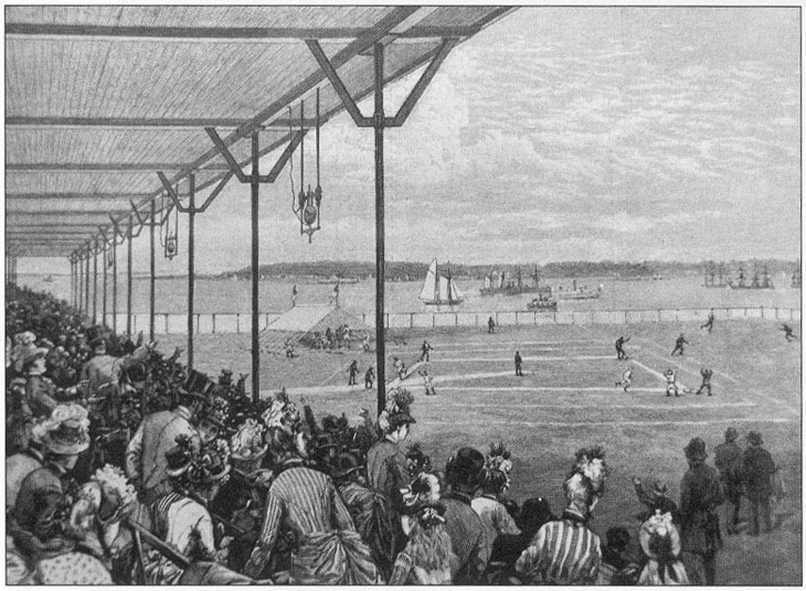 Baseball history illustration: The St. George Grounds, Staten Island, New York.  This field, although not as developed as the photo shows, in 1853 hosted a game between the Washington Club (later known as the Gotham Club) and the Knickerbocker Club.  The field was said to slope sharply from third base to left field and was a very short walk to the Staten Island Ferry dock.  The National League New York Giants were the last team to use the filed in the 19th century on June 14, 1889. Click photo to return to previous page.